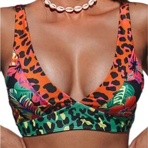 NWT Hilinker Women's Leopard Bikini top V Neck removable pads size XL A39